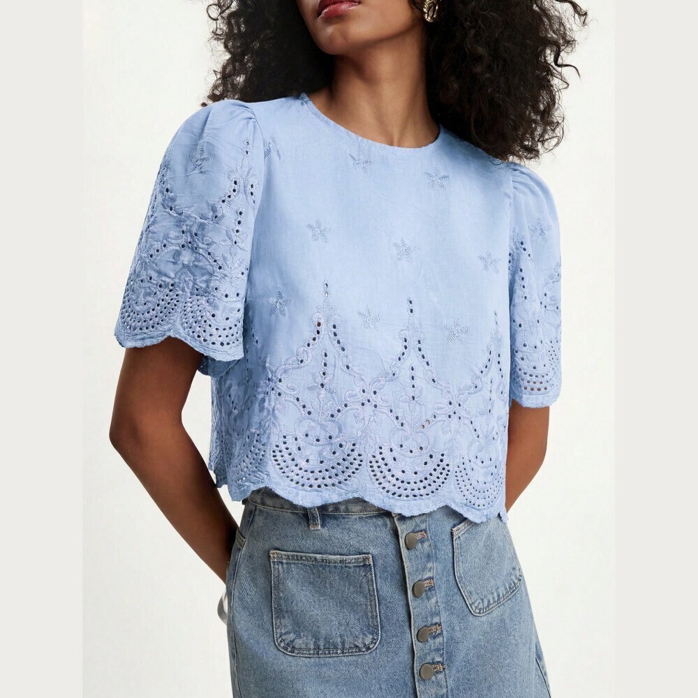 Sky Blue Eyelet Embroidered Puff Sleeve Crop Top